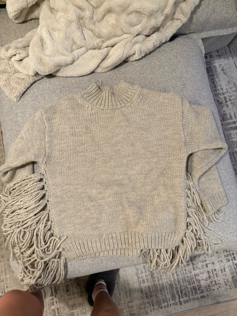 Zara Cream Fringe-Trim Crewneck Sweater